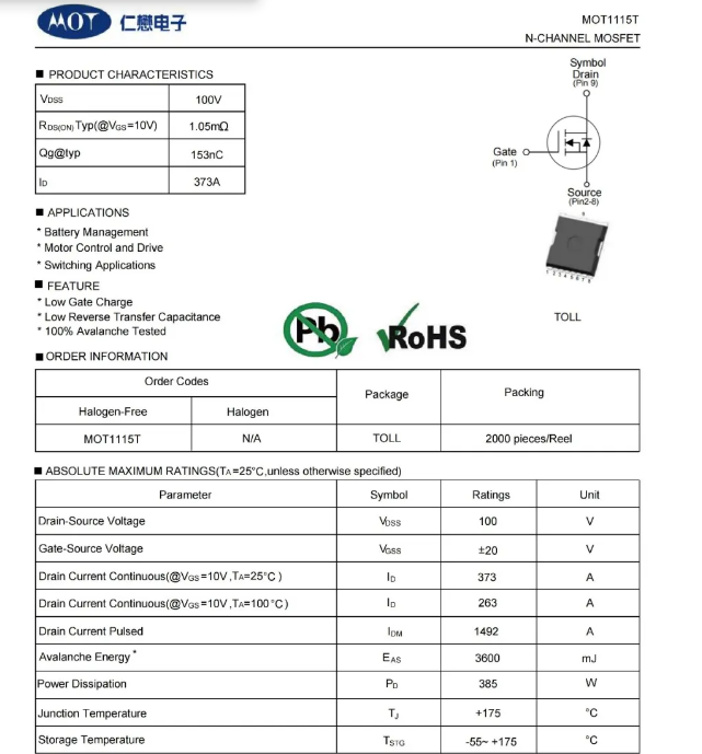 MOT1115T：100V 超低 RDS(on) MOS，工业级电源转换的理想选择